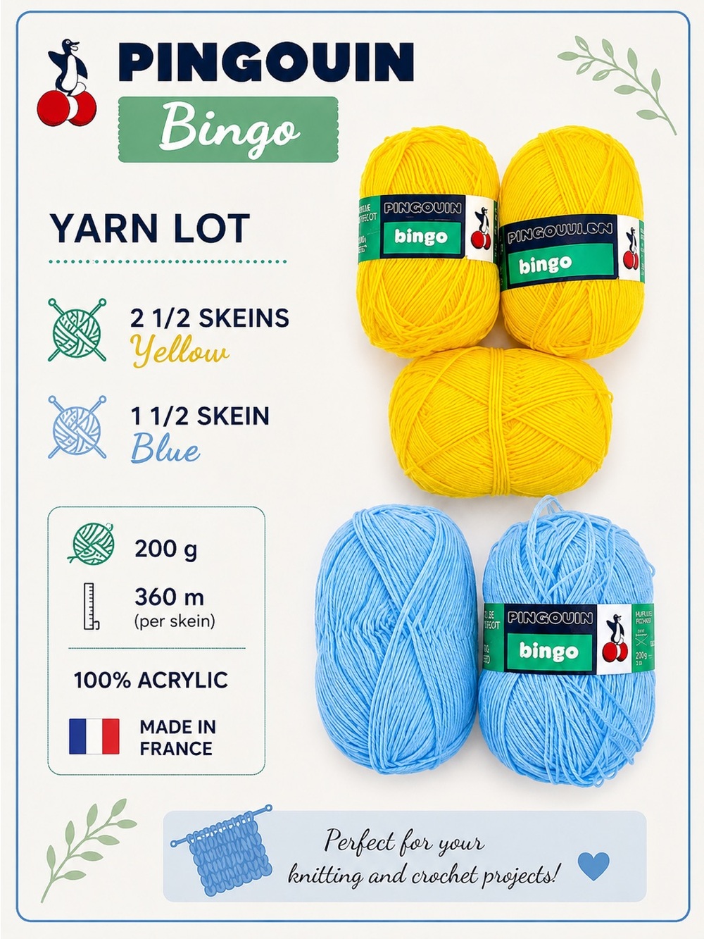 Lot of Pingouin Bingo Yarn - Vintage - Yellow and Blue - 200 g